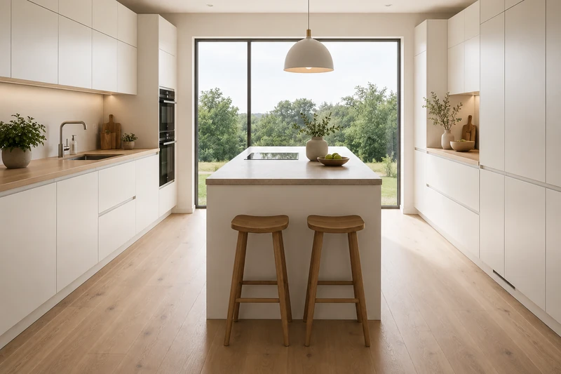 Kök med köksö och stora fönster, miljöbild ur katalogen