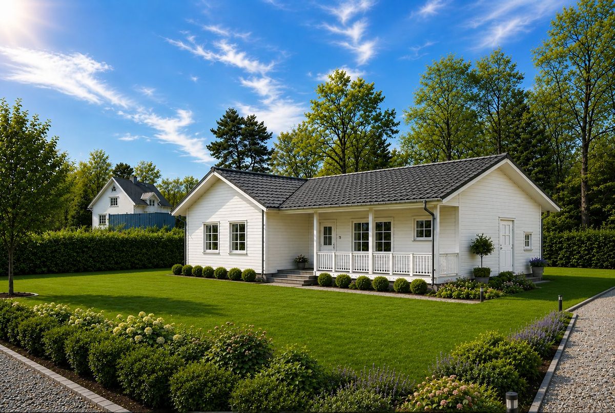 Illustration av ett vitt enplanshus med svart tak och vit veranda, med gräsmatta och häckar runt tomten
