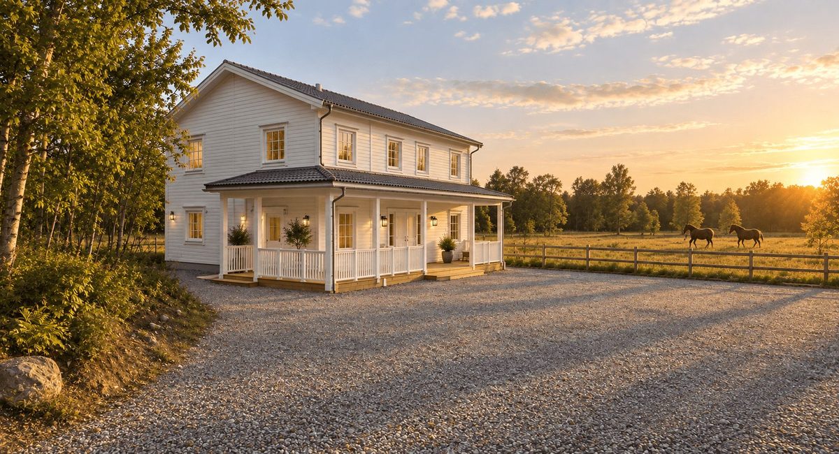 Illustration av hästgårdens vita bostadshus i New England-stil med veranda och hästar i hagen bakom